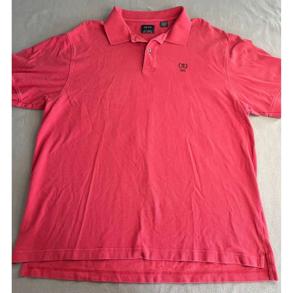 IZOD Mens Silk Wash Cotton Polo Shirt Coral Pink XL Short Sleeve Crest Logo